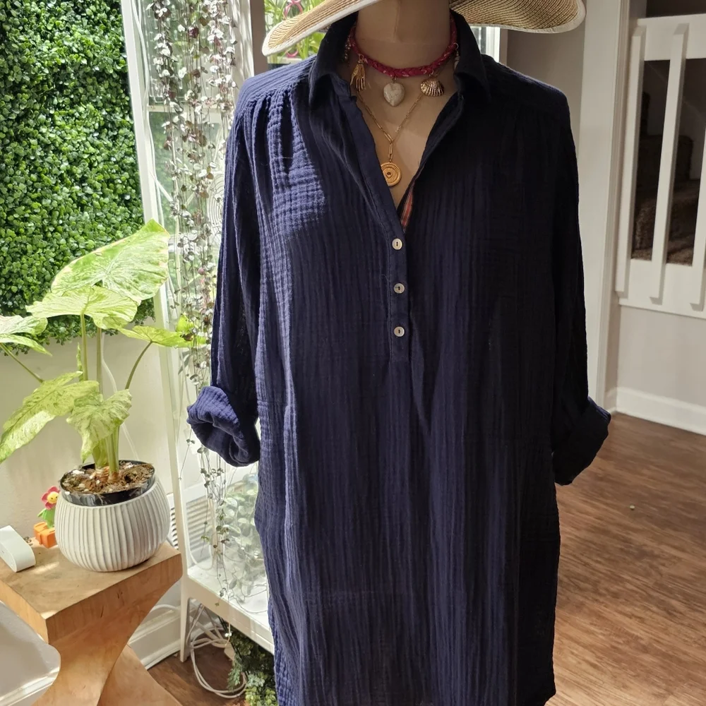 Sundry NWT Navy Blue Cotton Gauzy Navy Shirt Dress With Pockets. XL - Picture 5 of 10